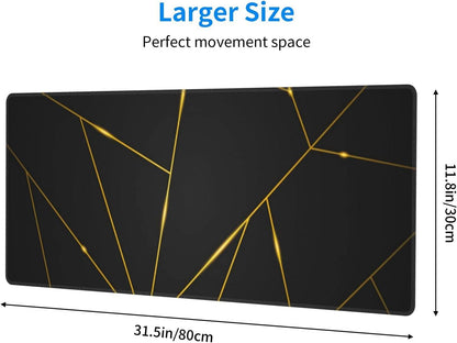 Gaming Mouse Pad 31.5×11.8 Inch XL with Stitched Edges Extended Waterproof Gold Line Black Geometric Desk Pads Non-Slip Rubber Base Large Keyboard Mat Computer Gaming Mousepad for Work/Office/Home