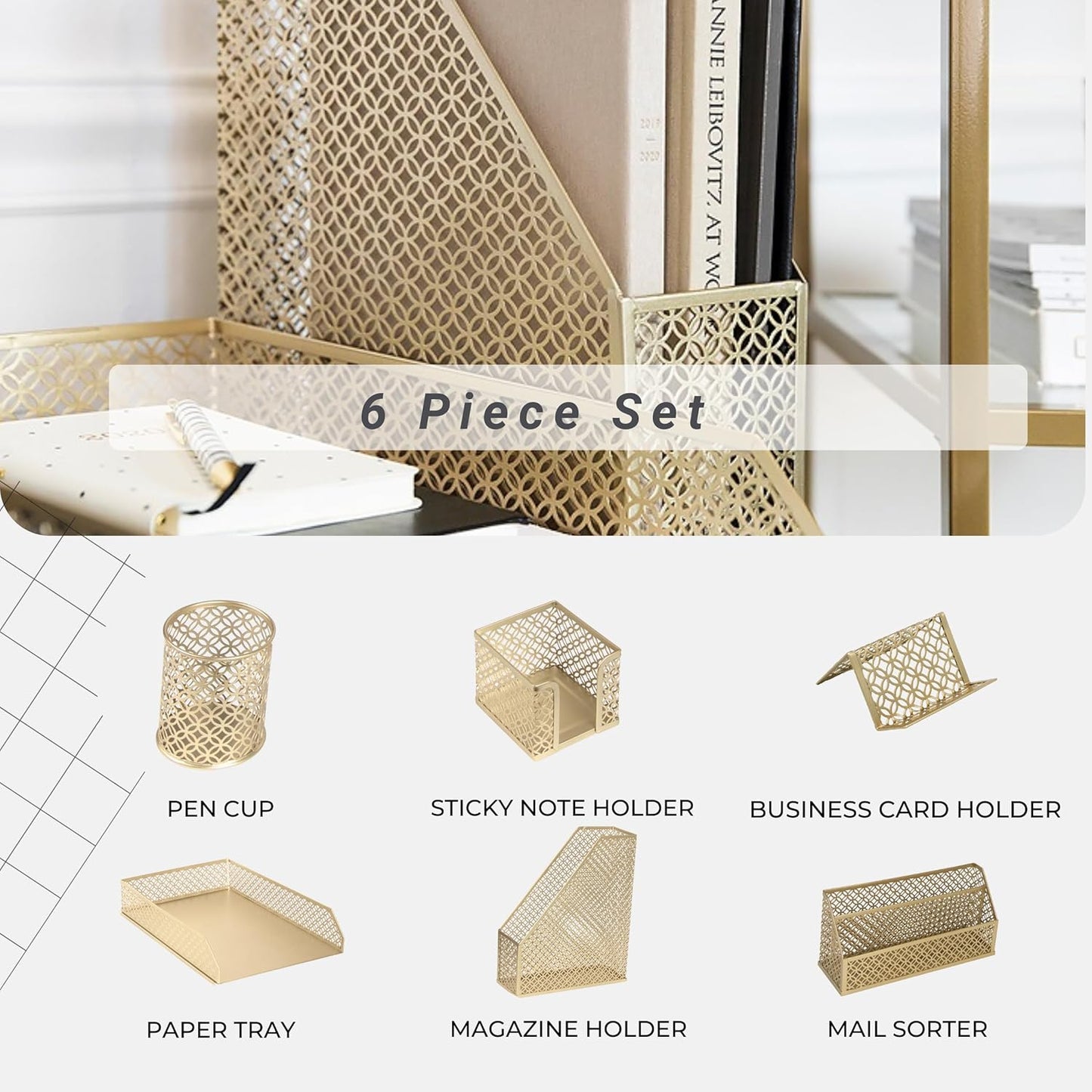 Gold Desk Accessories for Women Office 6 Piece Gold Desk Set Gold Office Organizer - Office Supplies Gold - Office Organization Set - Desk Organizer for Women Gold Desk Sets and Accessories for Women